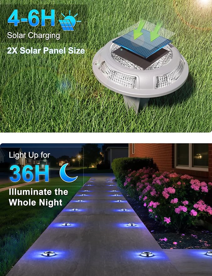 VOLISUN Solar Driveway & Deck Lights 8 Pack Waterproof Dock & Marine Ground Lights,2-in-1 Blue & White LED,Solar Marker for Pathways,Steps,and Warning Signs,Auto On/Off