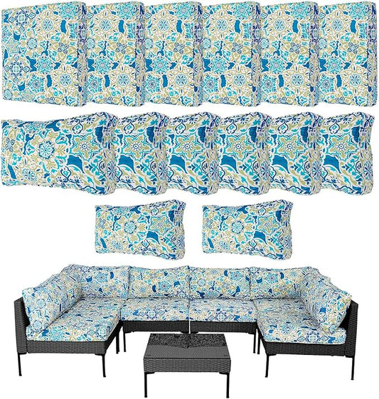 14Pcs Outdoor Cushion Covers Replacement Washable Waterproof UV w/Zipper for 6-Seaters Sofa Patio Slipcovers Set Seat and Back Covers Only (Morocco Dream, 25x25x3.15inch)