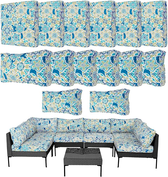 14Pcs Outdoor Cushion Covers Replacement Washable Waterproof UV w/Zipper for 6-Seaters Sofa Patio Slipcovers Set Seat and Back Covers Only (Morocco Dream, 23.6x23.6inch)