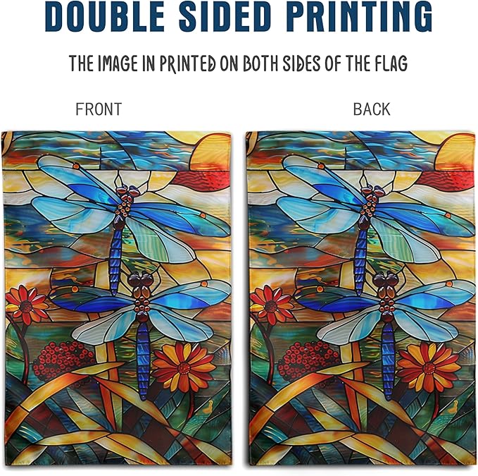 Stained Glass Dragonfly Garden Flag Spring Summer House Flag Fall Floral Decorative Yard Flags for Outside 28x40 Double Sided Large Seasonal Lawn Flags Rustic Outdoor Decor