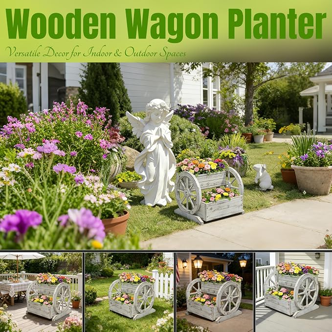 2 Tier Classic Wooden Wagon Planter Box|Outdoor Planter/Flower Pot for Indoor&Outdoor Plants-Rustic Garden Planter for Patio,Porch&Garden Decor- Raised Garden Bed for Succulents,Herbs,Vegetables