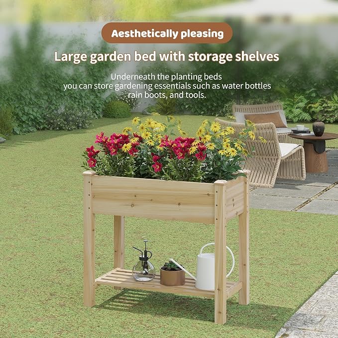 Raised Garden Bed with Legs Elevated Wooden Planter Box Stand Large Planter Stand Box for Fruits Vegetables Flowers with Divider with Bag - 34x18x30.5IN