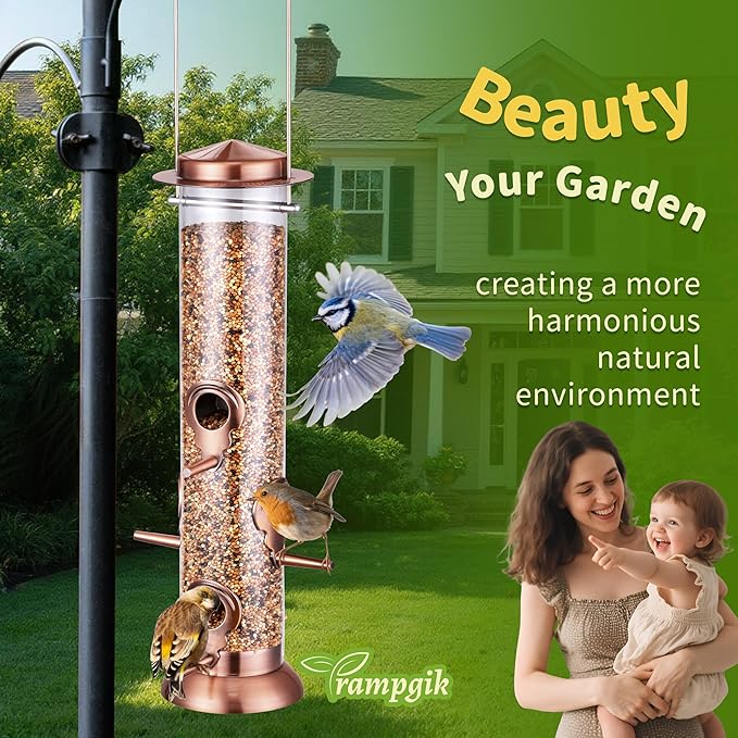 Bird Feeders for Outdoors,13 Inch 6 Ports Squirrel Proof Bird Feefers,Finch Feeder for Outside,Chew-Proof Metal Hanging Bird Feeder,Rust-Proof,Easy to Refill & Clean,Copper,Pack of 1