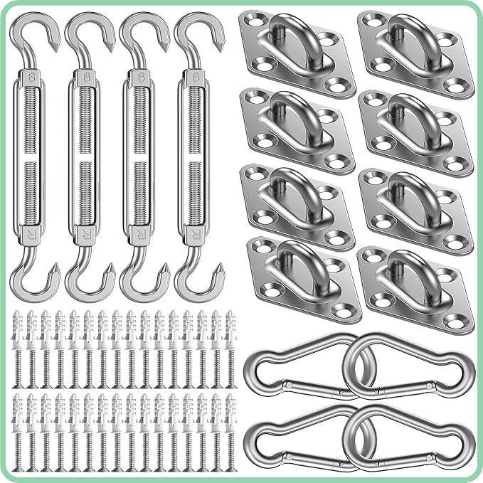 Sun Shade Sail Hardware Kit 6 Inch – 80 Pcs Heavy Duty Stainless Steel Sun Sail Hardware with Turnbuckles, Pad Eyes, Hooks, for Triangle & Rectangle Shade Sail Canopy, Outdoor Patio, Garden, Backyard