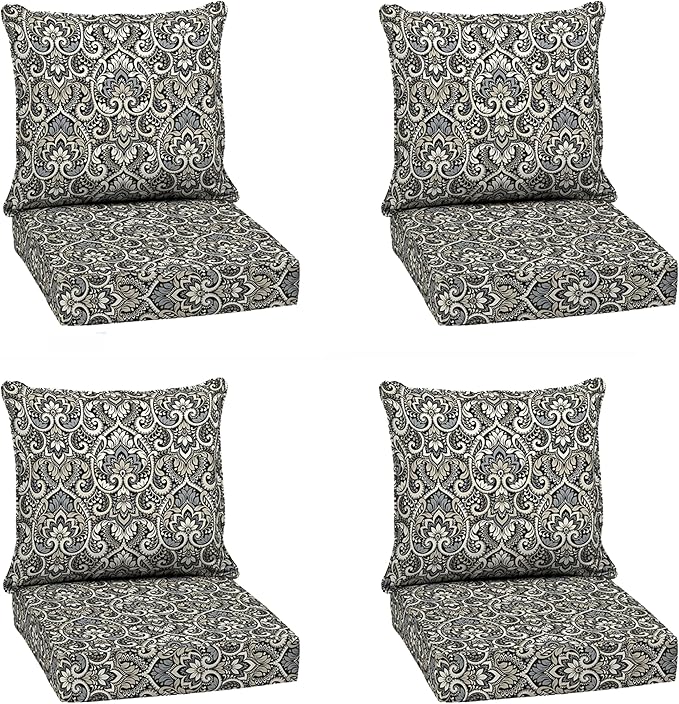 Arden Outdoor Deep Seat Cushion Set (4-Pack), 24 in x 24 in, Weather-Proof, Rain-Proof, Fade Resistant Patio Cushion for Chair, Sofa, and Couch Black Aurora Damask