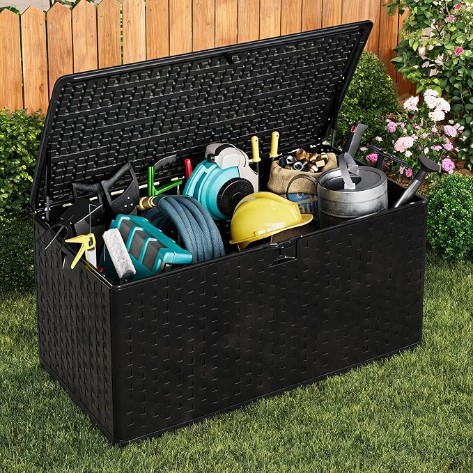 99 Gallon Outdoor Deck Box, Lockable Waterproof Outdoor Resin Box with Lid, Patio Storage Bin for Patio Furniture, Garden Tools, Pool Accessories - Brown