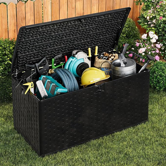 99 Gallon Outdoor Deck Box, Lockable Waterproof Outdoor Resin Box with Lid, Patio Storage Bin for Patio Furniture, Garden Tools, Pool Accessories - Brown