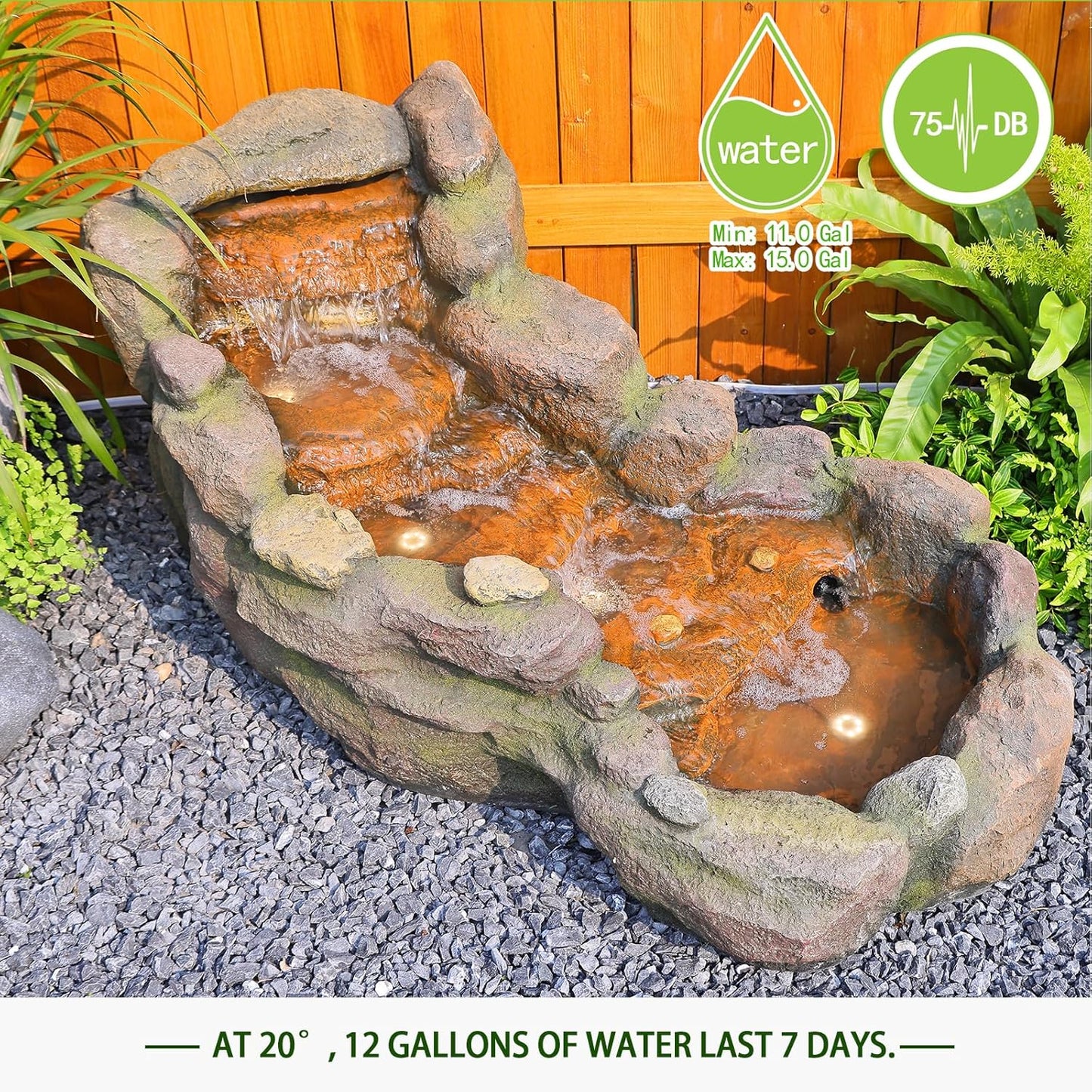 Garden Outdoor Water Fountain, 42.1" L Floor Standing Tiered Rock Outdoor Fountains with LED Lights and Pump for Garden, Backyard, Deck, Patio, Porch and Home Art Decor