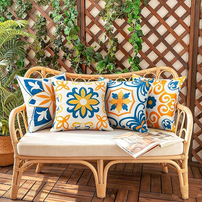 Pyonic Outdoor Pillow Covers 16x16 Spring Summer Garden Waterproof Throw Pillow Covers Cushion Case Patio Pillows for Couch Tent,Set of 4 Yellow and Blue