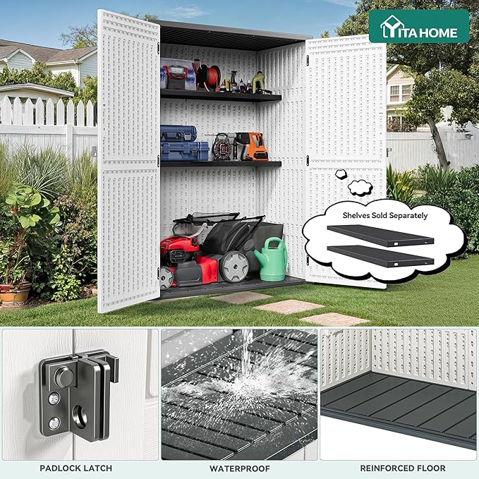 YITAHOME 59 cuft Outdoor Vertical Storage Shed, Tall Storage Shed Outdoor w/o Shelf, Outdoor Waterproof Storage Cabinet for Garage, Pool Storage, Garden Shed Outdoor Storage, Light Gray