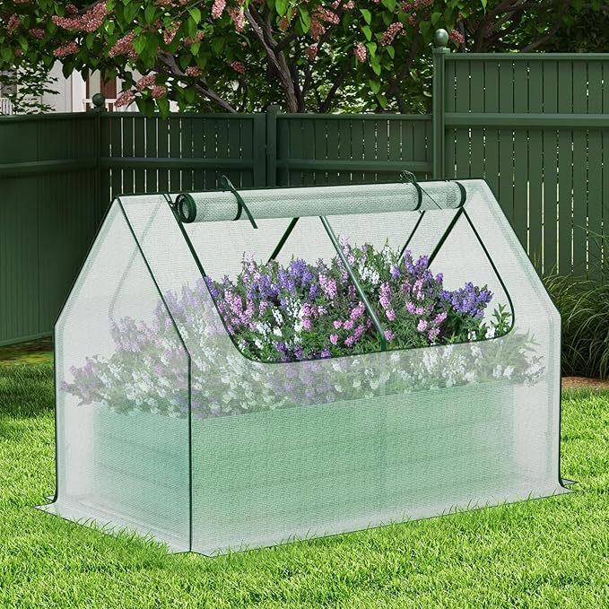 BPS Raised Garden Bed Set, 4x2x1 FT Metal Bottomless Flower Bed with PE Cover for Outdoor Planting, White