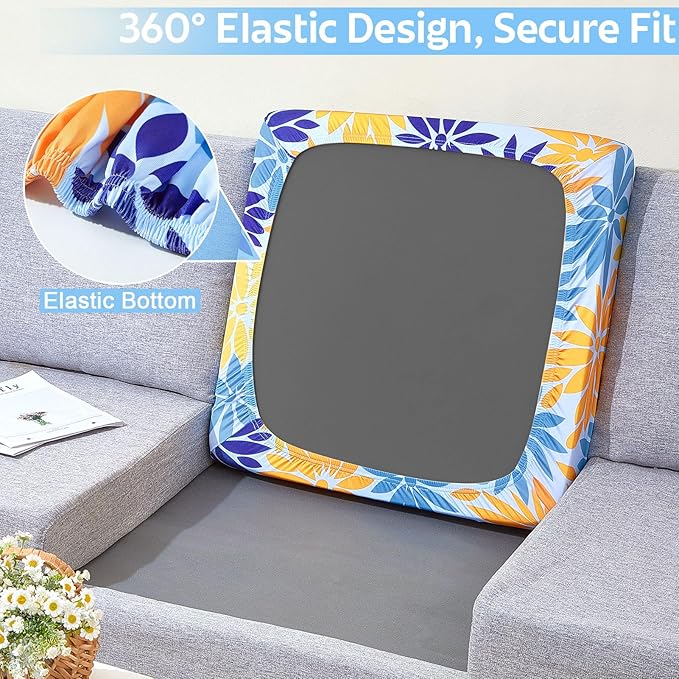 pickyNproud 8Pcs Patio Cushion Covers Stretch Outdoor Couch Cushions Slipcovers Replacement Washable Furniture Protector with Elastic Bottom Sofa Chair Seat Cover, Blue Yellow Floral