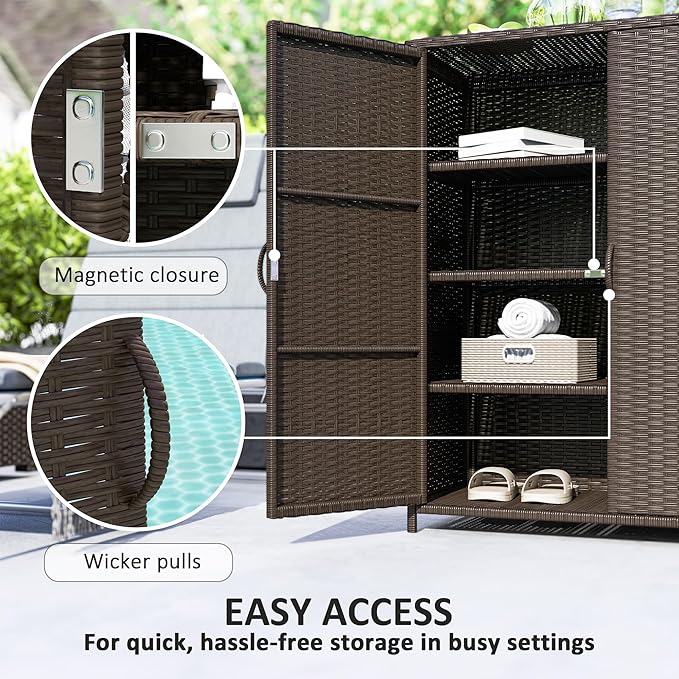 Outsunny Wicker Outdoor Storage Cabinet with Shelves, 4-Shelf Outdoor Pool Towel Cabinet with Two Doors, Rattan Patio Storage Shelves for Garden, Backyard, Porch, Dark Coffee