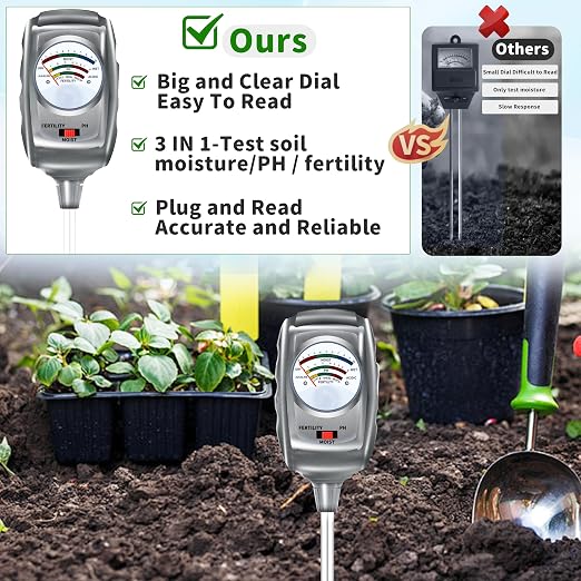 3-in-1 Soil Test Kit, Soil Moisture Meter/Soil ph Meter/Fertility Soil Tester, Soil Hygrometer for Garden,Plant,Farm, Indoor, Outdoor, Lawn Care Moisture Meter for Hous Plants. (Black Silver)