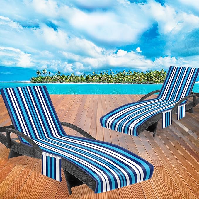 Lounge Chair Towel Cover, Beach Chair Covers (Pack of 2), Chaise Lounge Cover with 3 Pockets for Pool Beach Garden Courtyard Outdoor Trips, 85 x30 in,Striped Dark Blue White & Sky Blue