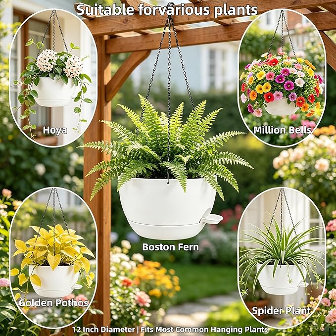 12" Self Watering Hanging Planters with Chains, White, 2 Pack | 43 Oz removable self-watering reservoir, for indoor/outdoor plants, patio & garden