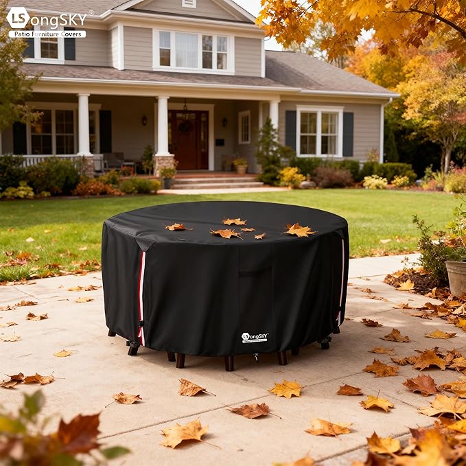 Round Patio Furniture Covers,600D Heavy Duty Waterproof Outdoor Furniture Cover for Round Dining Table with Rocking Swivel Chairs Set,72" Dia x 28" H Black