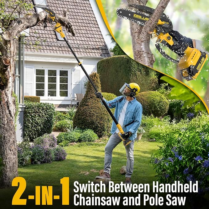 ZEGJAW 2-IN-1 Cordless Pole Saw & 6 Inch Mini Chainsaw with 2 Pack 2.0Ah Battery and Charger, Electric Pole Saw for Tree Trimming with Adjustable Extension Pole