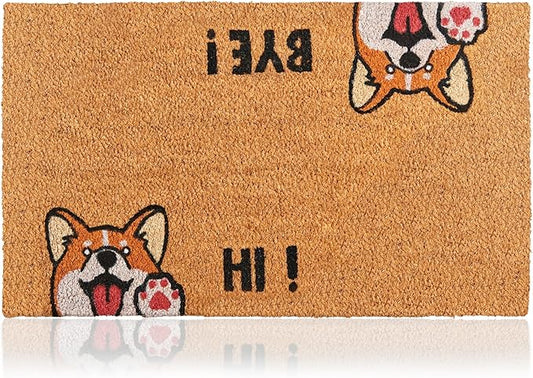 Hi-Bye Dog - 17"x29" - Coir Door Mat with Heavy Duty Backing - Welcome Mats for Entryway, Porch - Anti-Slip PVC & Coconut Fiber Surface - Natural Home Accessories, Minimalist Original Design