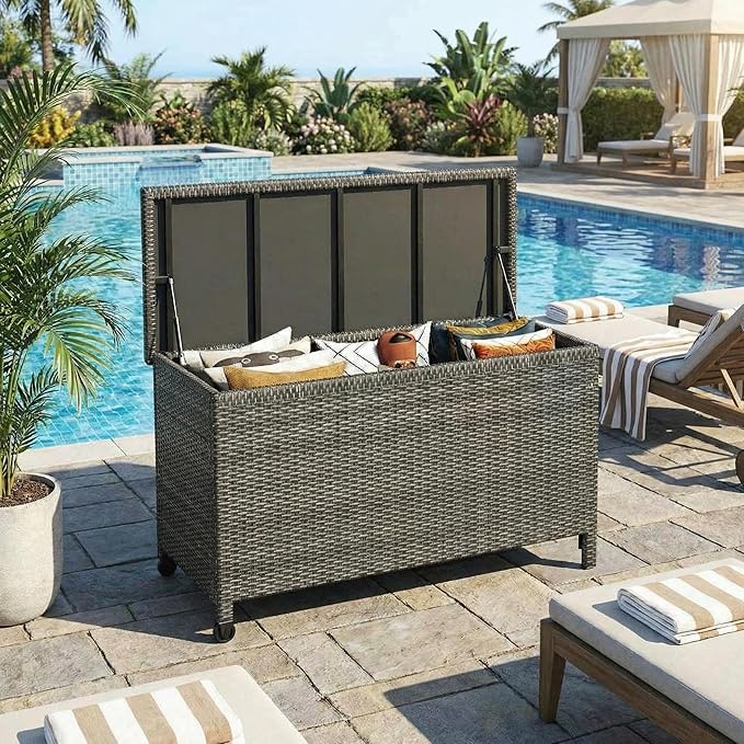 125 Gallon Wicker Deck Box, All-Weather Outdoor Storage Bin with Rattan Finish, for Patio Furniture, Cushions, Pool Supplies & Garden Tools (Gray)