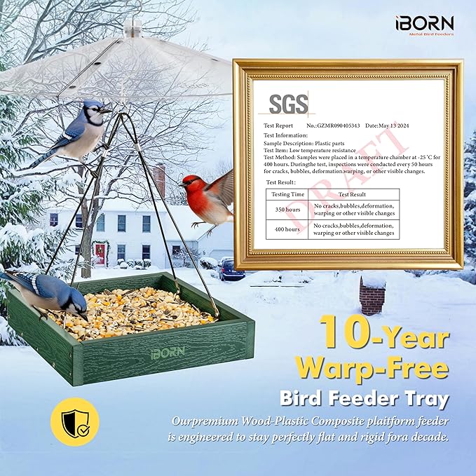 iBorn Platform Bird Feeder Tray, Bird Feeders for Outdoors Hanging, Flat Birdfeeder Tray with Large Capacity 3LBS, WPC Recycled Plastic & Cedar Look, Waterproof, 10.5"x10.5", Green