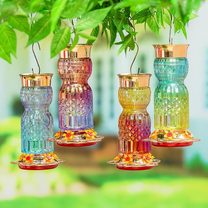 Evergreen Garden Iridescent Glass Hummingbird Feeder, 31 Ounces Hanging Bird Feeder Outdoors for Garden, Patio (Green Ombre)