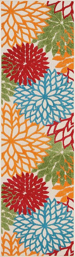 Nourison Home Aloha Indoor/Outdoor Green 2'3'' x 8' Area-Rug, Tropical, Botanical, Easy-Cleaning, Non Shedding, Bed Room, Living Room, Dining Room, Deck, Backyard, Patio (2x8)