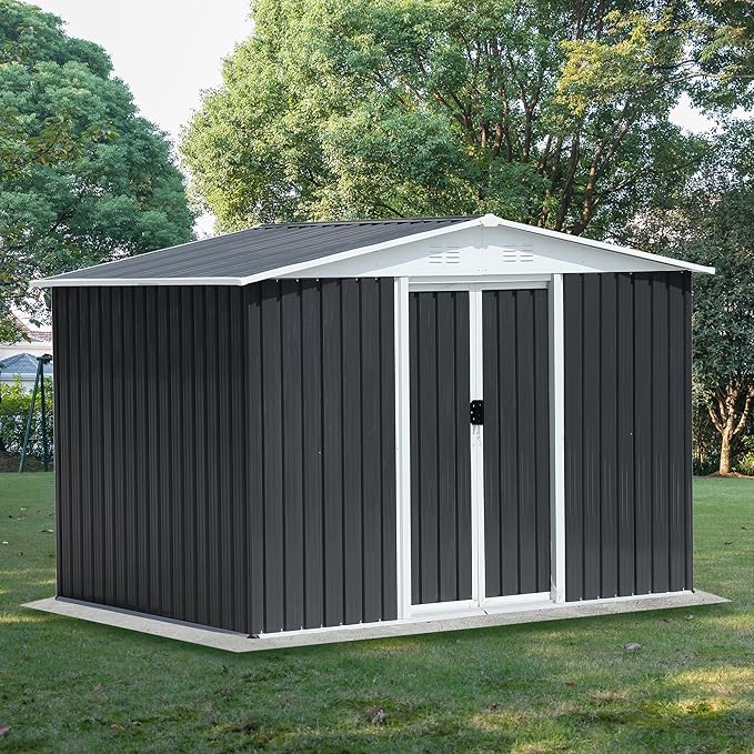 YOPTO 8x6 FT Outdoor Storage Shed,Metal Shed with Sliding Door & Air Vent,Garden Shed W/Sloped Roof,All Weather Waterproof Tool House for Backyard,Patio,Garage,Lawn,Grey
