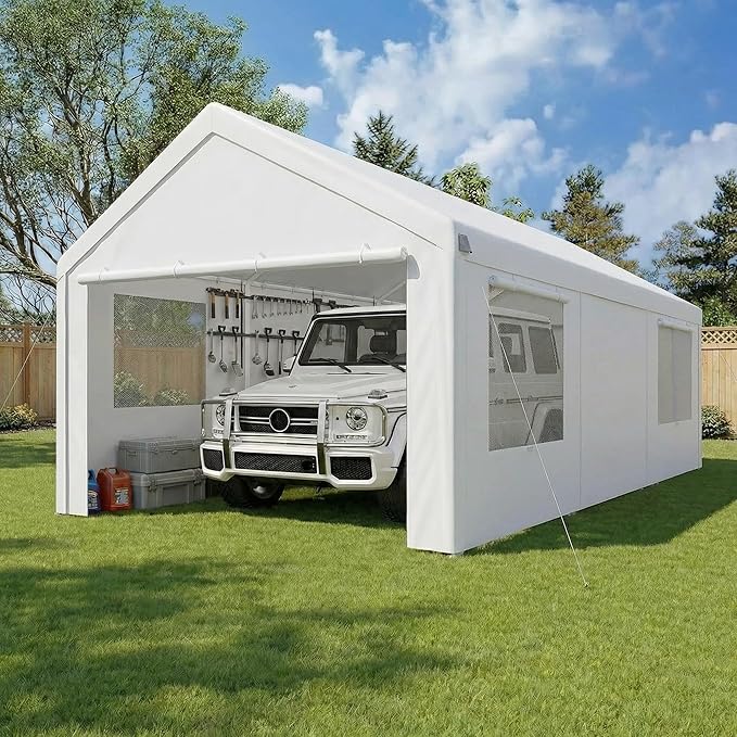 COBIZI Carport 10x20ft Heavy Duty Portable Garage, 2.0 Powder Coated Frame(Better Than Galvanized), Waterproof Shelter with Removable Sidewalls & Windows, Built-in Sandbags, for Car/Boat/SUV, White