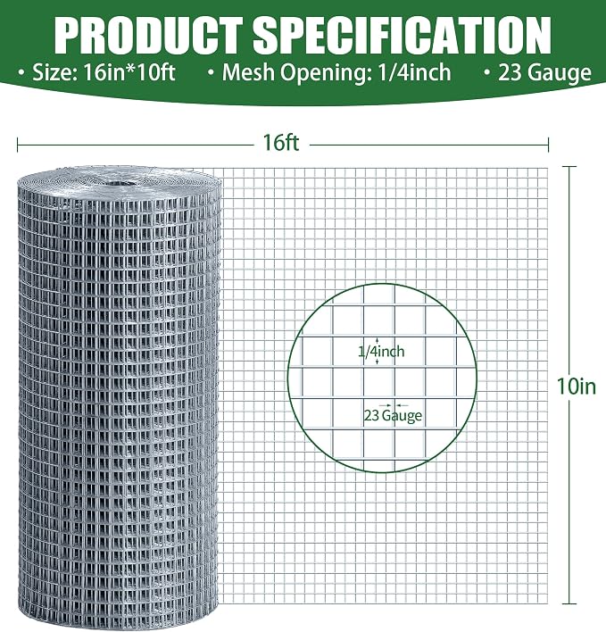Hardware Cloth 1/4 Hot Dip Galvanized Wire Mesh Roll 23 GA Building&House Repaird Wire Fence Mesh - for DIY, Coops, Rabbit,Snake Fences, DIY Crafting,Plants Protective& Screen Mesh Silver
