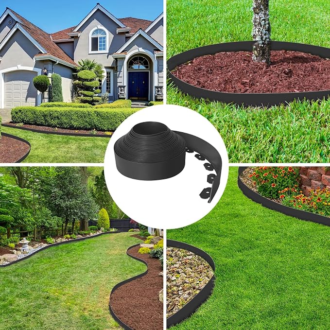 4-Inch x 33 FT Landscape Edging Border with 50 Spikes, Garden Edging Lawn Border Kit, Plastic Edging Border Flexible for Garden Flower Beds Lawn Yard Pathway Paver (Black)