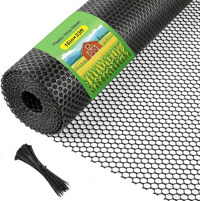Plastic Wire Mesh Fence Roll 16 in x 33 ft Plastic Chicken Mesh with 50 Pcs Zip Ties Balcony Garden Netting Fencing Barrier for Dogs, Poultry, Puppy, Garden Snake Barrier