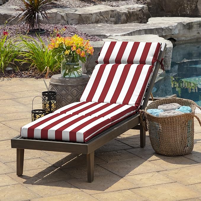 Arden Outdoor Chaise Cushion, 21 in x 72 in, Weather-Proof, Rain-Proof, Fade Resistant Patio Cushion for Chaise Lounger Ruby Red Cabana Stripe