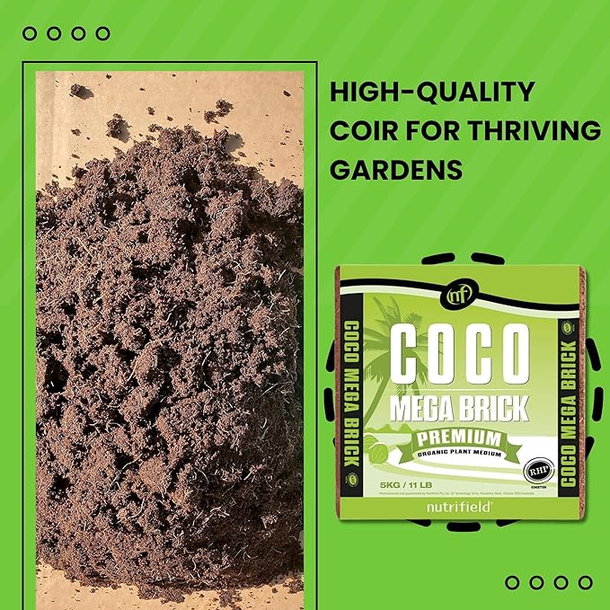 Nutrifield Coco Coir Mega Brick Organic Coconut Coir 11lb 5kg Coco Fiber Compressed Block Pre Washed Buffered RHP Cert Potting Soil Indoor Outdoor Plant Garden Vegetable Flower Seed Starter Mushroom