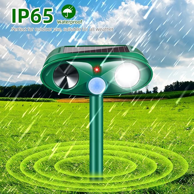 2026 Solar Ultrasonic Animal Repeller Outdoor,Deer Repellent Devices Waterproof with Flashing Light & USB Charging,Motion Activated Deterrent for Stray Cats,Dogs,Squirrels,Rabbits,Racoons for Garden