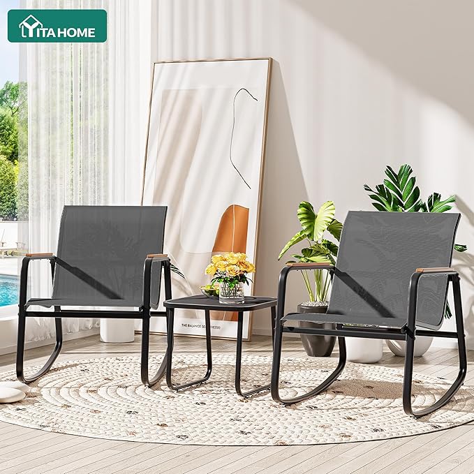 YITAHOME 3 Piece Rocking Bistro Set, Outdoor Patio Furniture Set with Wooden Armrests, Porch Chairs Set with Glass Table for Lawn, Garden, Balcony, Poolside, Dark Gray