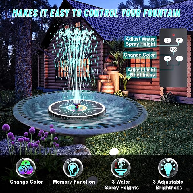 Remote Control Solar Water Fountain, 2026 Upgrade 6W Solar Bird Bath Fountain Pump with 3 Spray Heights, 3 Brightness,4000mAh Battery, LED Lights, for Hummingbird,Garden, Pond, Pool, and Patio