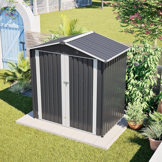 YOPTO 6 x 4 FT Outdoor Storage Shed with Floor Base & Lockable Hinge Door,Metal Garden Shed W/Sloped Roof,for Backyard Patio Lawn,Gray