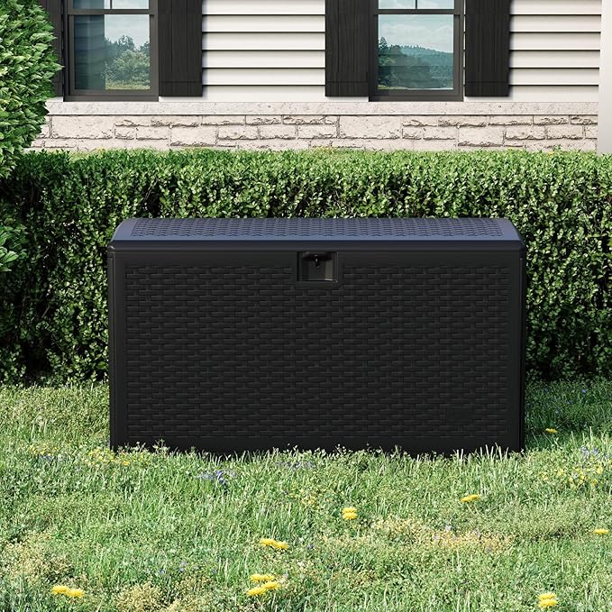 99 Gallon Waterproof Large Resin Deck Box Indoor Outdoor, Lockable Storage Container for Patio Furniture Cushions, Throw Pillows, Garden Tools, and Pool Floats, Brown