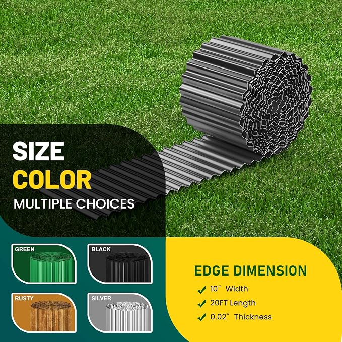 Corrugated Metal Garden Edging, 10"×20Ft Landscape Edging Border for Garden, Flower Bed, Lawn and Landscape Edging (Gun Silver)