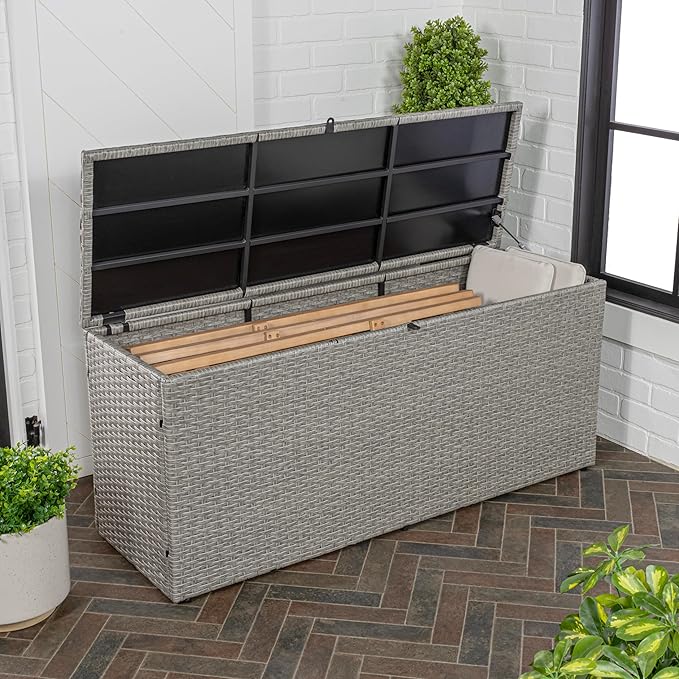 happimess TRK1000A Nino 31.5" Modern Minimalist Outdoor Faux Wicker Deck and Patio Storage Box, Gray, Soft-Close, for Package Delivery, Patio Furniture, Cushions, Gardening Tools, Pool Supplies