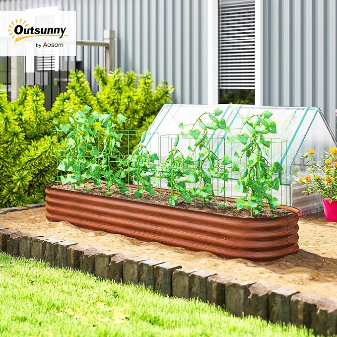 Outsunny 8' x 2' x 1' Galvanized Raised Garden Bed Kit, Outdoor Metal Elevated Planter Box with Safety Edging, Easy DIY Stock Tank for Growing Flowers, Herbs & Vegetables, Dark Brown