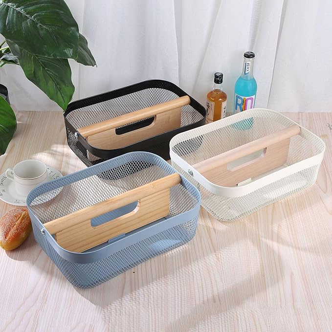 AJIODA Metal Mesh Steel Storage Basket, Garden Harvest Wire Organizer Basket Multi-functional Kitchen Fruit Basket with Wooden Removable Partition & Handle for Bathroom Picnic Decor Cabinet, Black