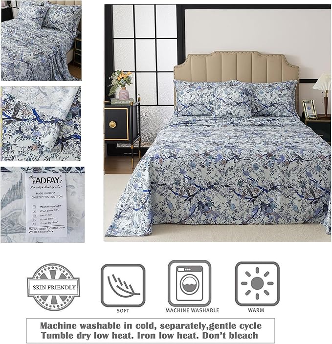 FADFAY Sheets Set Cal King Shabby Botanical Bird Floral Bed Sheets Set Vintage Blue Branches Bedding Collections 100% Egyptian Cotton Breathable Soft 17.7" Deep Pocket 4Pcs, California King Size