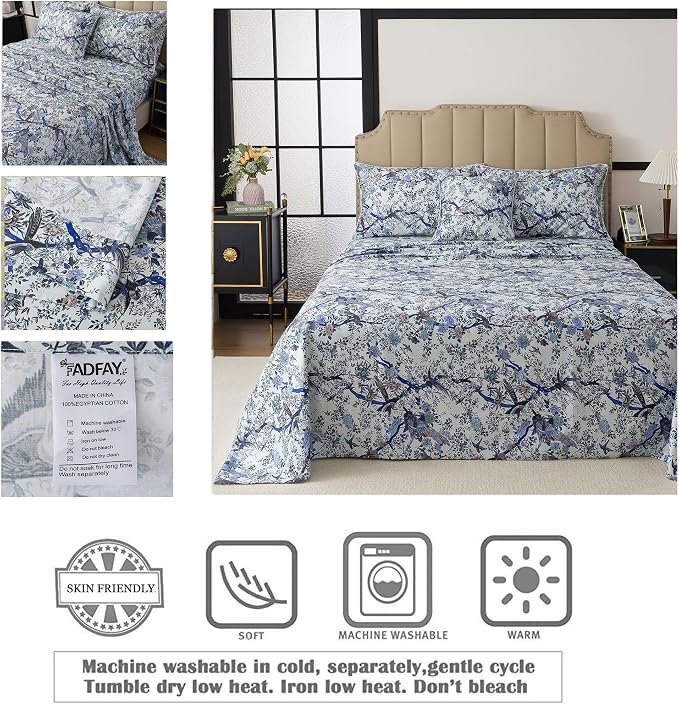 FADFAY Sheets Set Queen Botanical Bird Floral Bed Sheets Set Vintage Blue Farmhouse Bedding Shabby Branches Bedding Collections 100% Egyptian Cotton Breathable Soft 17.7" Deep Pocket 4Pcs, Queen Size