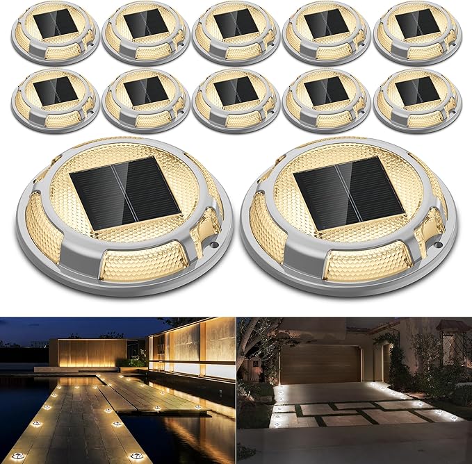 Solar Driveway Lights Dock Light Waterproof 12 Pack, 2 Colors in 1 Outdoor LED Solar Deck Lights, Solar Powered Walk Way Lights Road Marker for Warning Stair Pathway Patio (Warm & Cool)