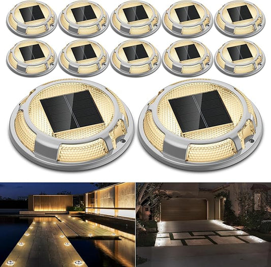 Solar Driveway Lights Dock Light Waterproof 12 Pack, 2 Colors in 1 Outdoor LED Solar Deck Lights, Solar Powered Walk Way Lights Road Marker for Warning Stair Pathway Patio (Warm & Cool)