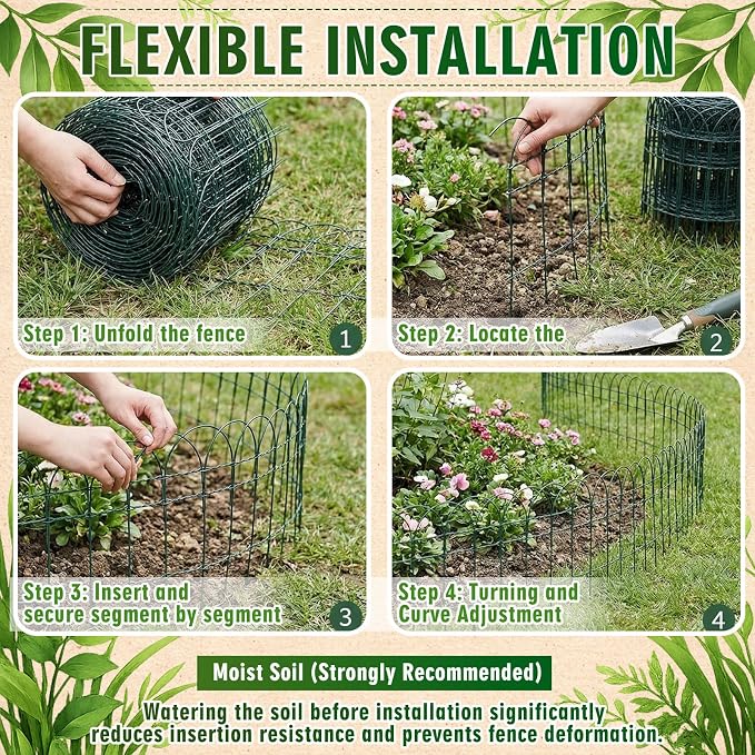 Roowest 16" x 50' Green Garden Border Fence, Metal Wire Folding Fence Roll for Outdoor Yard, Patio & Flower Bed Edging, No-dig Animal Barrier, Rustproof Decorative Landscape Fencing