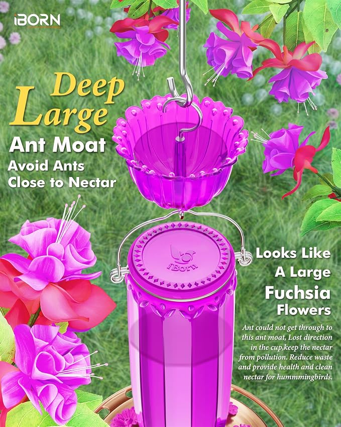 iBorn Hummingbird Feeders for Outdoors Hanging with Ant Moat for Hummingbird Feeder Glass 8 Ports for 16oz Hummingbird Nectar,Fuchsia Magenta, Copper Brush Cover,Pack of 1