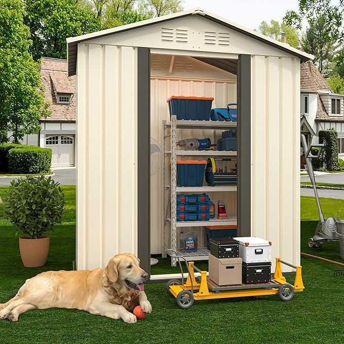 KEIKI 5x3 FT Outdoor Metal Storage Shed with Vent and Sliding Door,Peaked Roof for Patio Backyard Garden